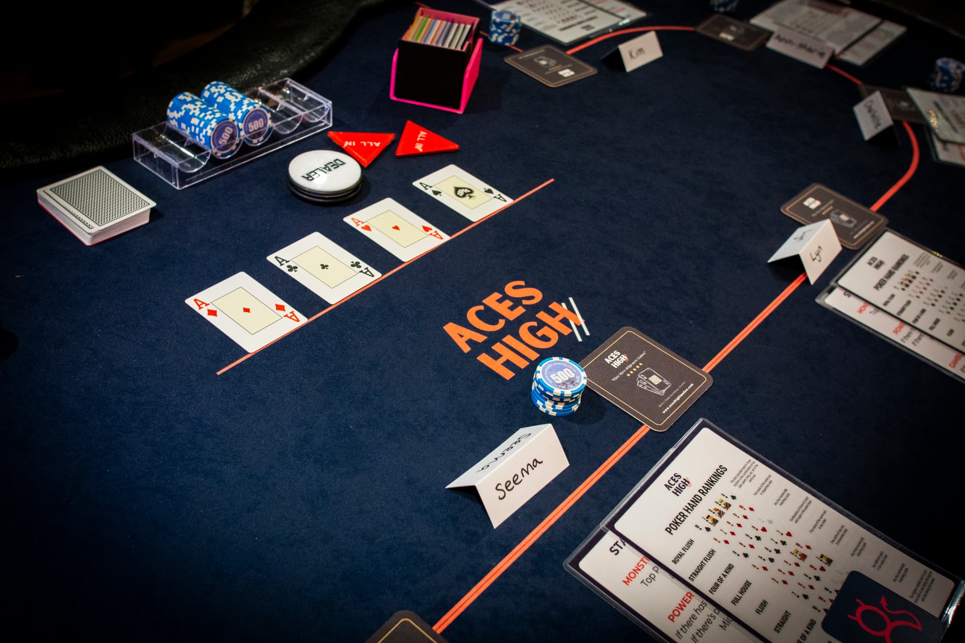 Aces High poker table set with four aces, chips and place cards